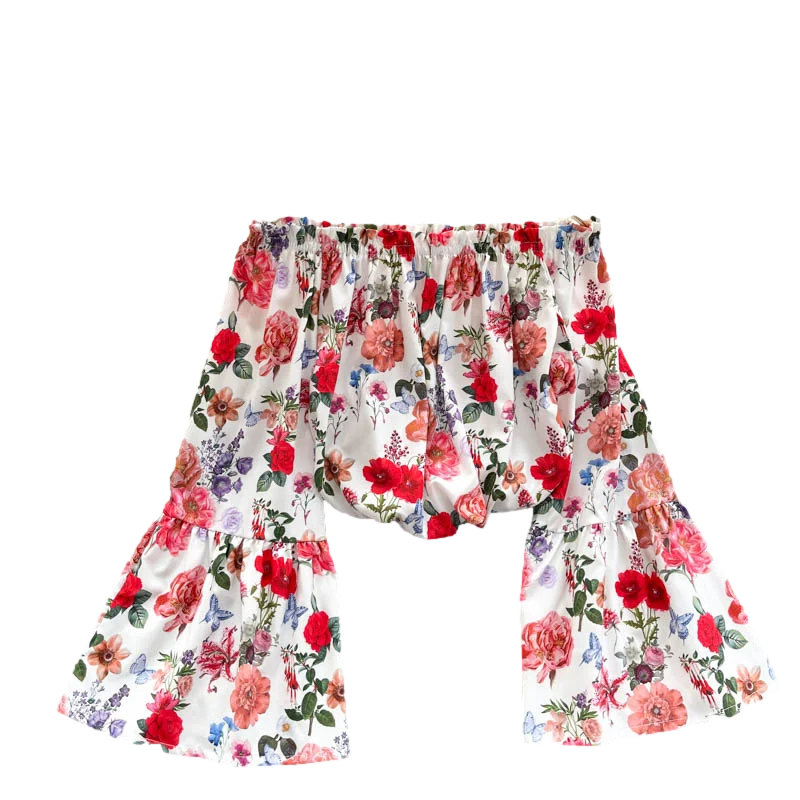 

Sweet Wood Ears Blouse Feminine One-word Collar Strapless Flared Sleeves Short Blusa Holiday Style Printed Chiffon Shirt GK854