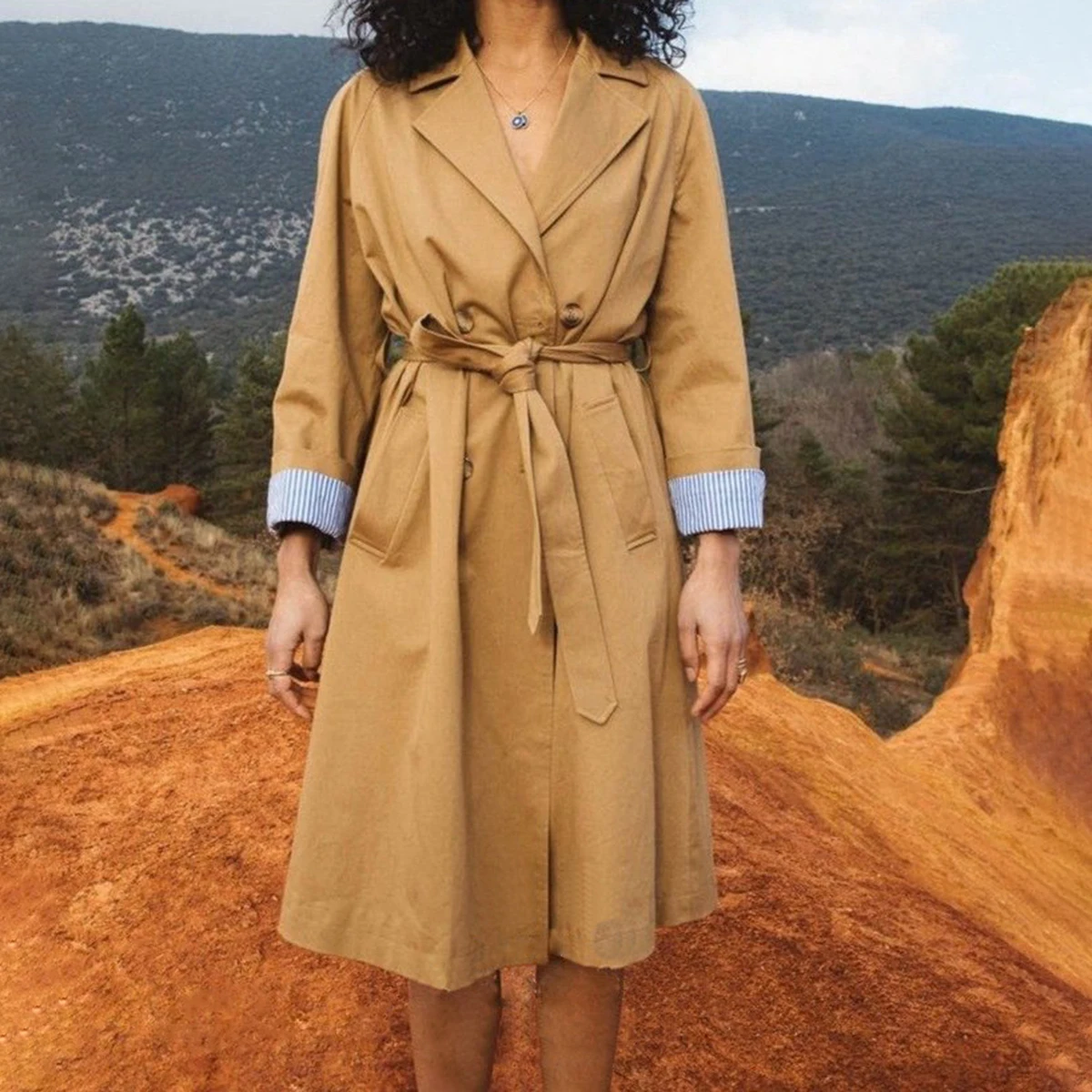 

Женский однотонный Тренч с отложным воротником, повседневный винтажный Тренч с двумя пуговицами, 2021