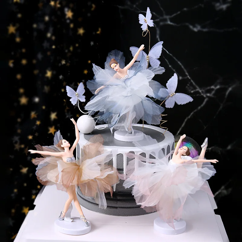 Valentine's Day Birthday Wedding Ballet Girl Dancing Butterfly Yarn Flower Skirt Cake Topper Light String Dessert Baking Supplie