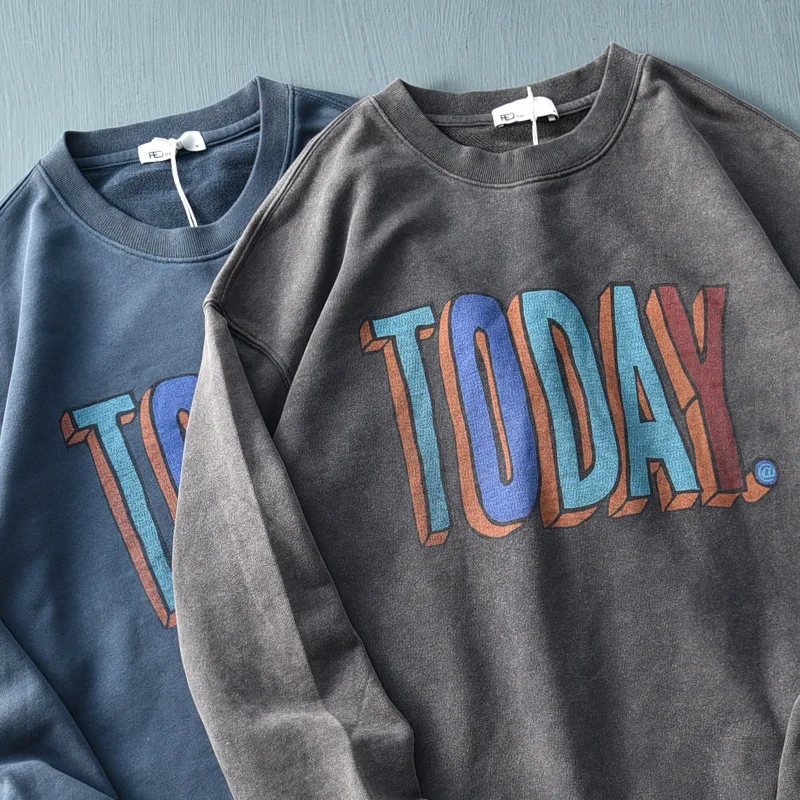 

2021 American Retro Terry Printed Hoodies Men's Pure Cotton Washed Old Round Neck Pullover Knitted Long-sleeved Casual Sportwear