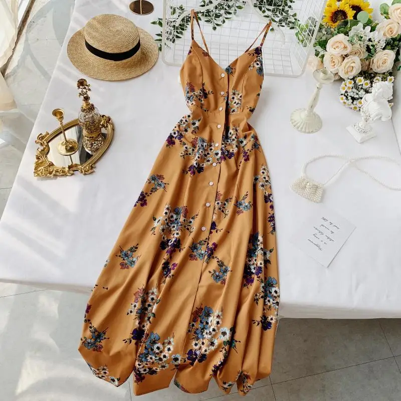 

2019 new fashion women's dresses Seaside holiday floral dress summer sexy backless lace high waist