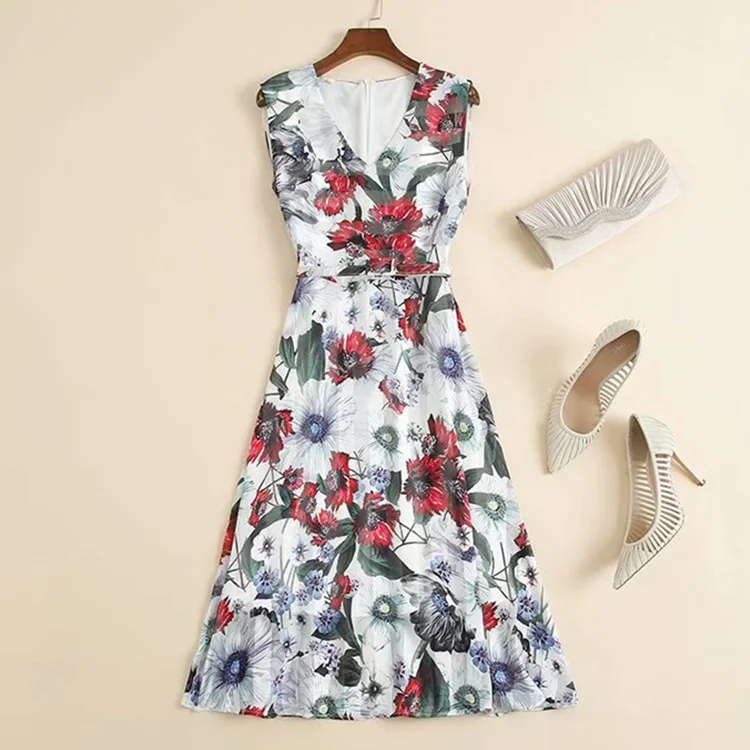 

women's European and American wear 2021 summer new style Sleeveless V-neck floral print fashion Tank dress