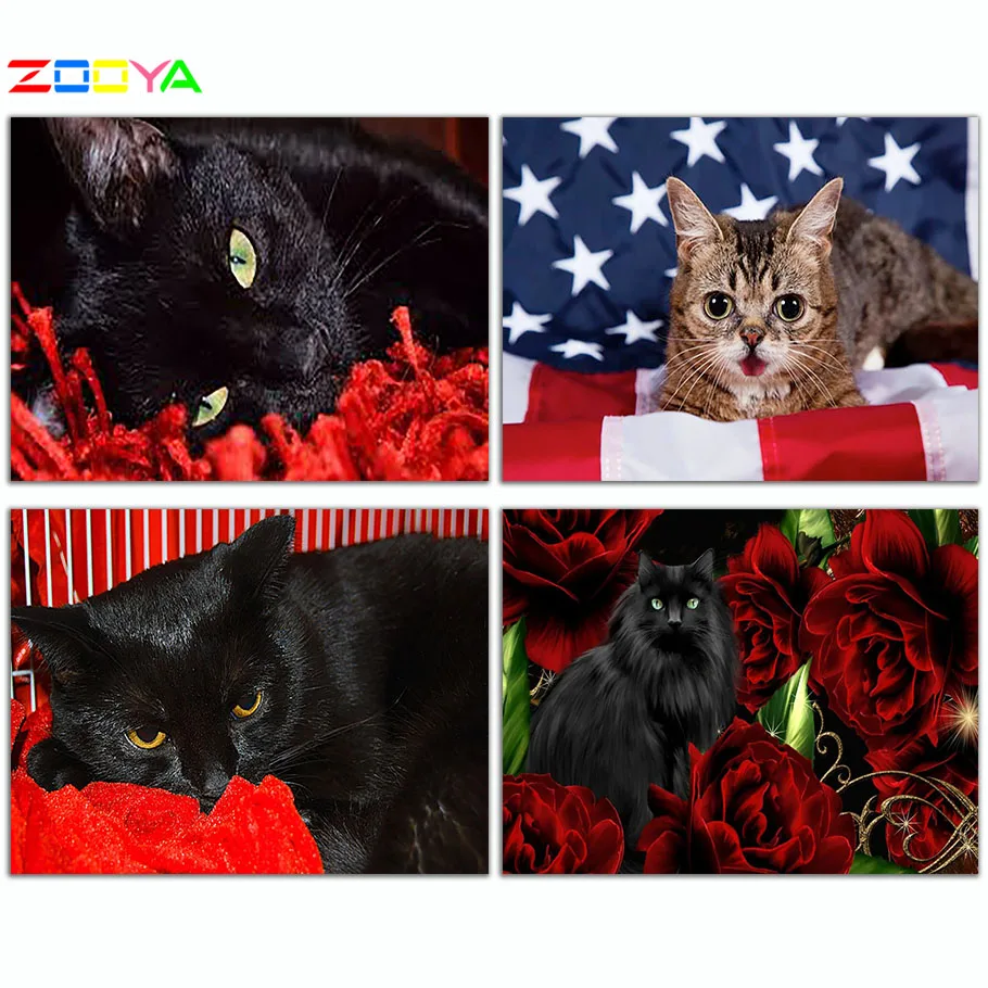 Алмазная вышивка ZOOYA 5D "сделай сам" с изображением животных, Черный кот, милый и красный цветок, алмазная Вышивка крестиком, Круглая Мозаика, украшение CJ1183