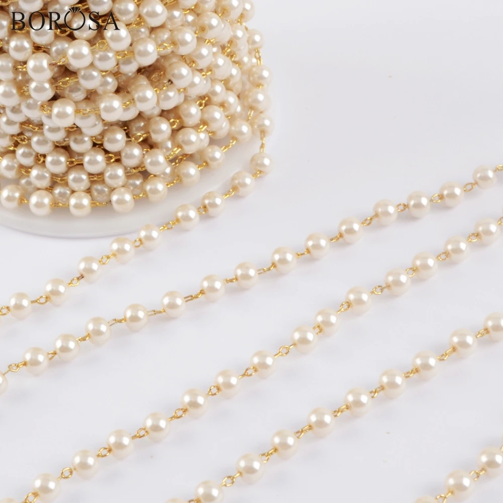BOROSA 4mm Pearl Necklace Bead Chains in Gold Chain for Jewelry Making Chain Necklace Women Stone Beads Chains Accessories JT267