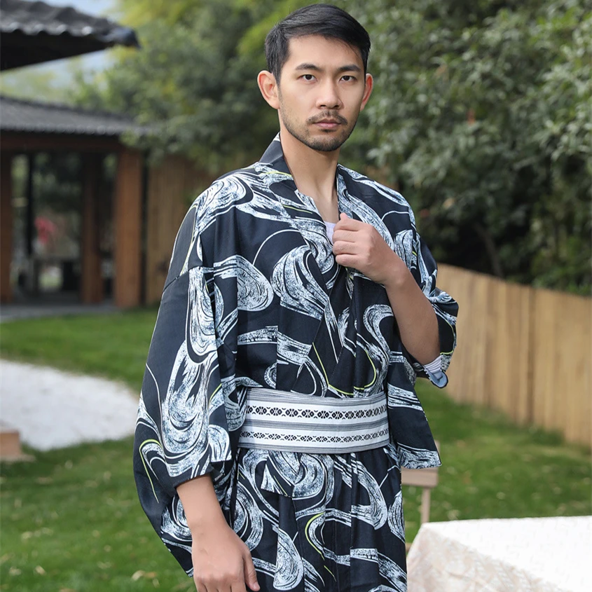 Costume da Samurai giapponese da uomo Kimono Jinbei abbigliamento per la casa sciolto poliestere Yukata abbigliamento tradizionale pigiama camicia da notte abito con Obi