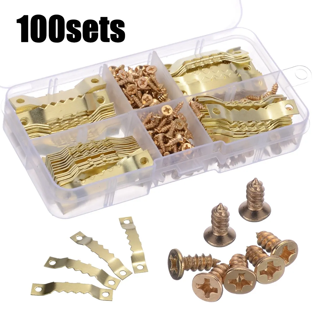 

100 Sets 45*8mm Gold Saw Tooth Hangers Canvas Picture Frame Hooks + Screws Sawtooth Hangers High Quality PDTO