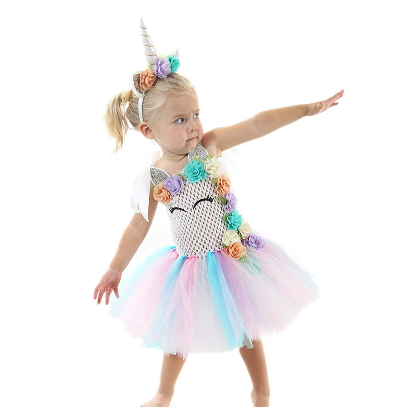 

Новые платья с цветами и единорогом для детей, пачка для рождественской вечеринки, платье принцессы для девочек, яркий карнавальный костюм, ...