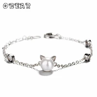 obear cute cat cz charm bracelets simulated pearl silver plated bracelet for women jewelry gift