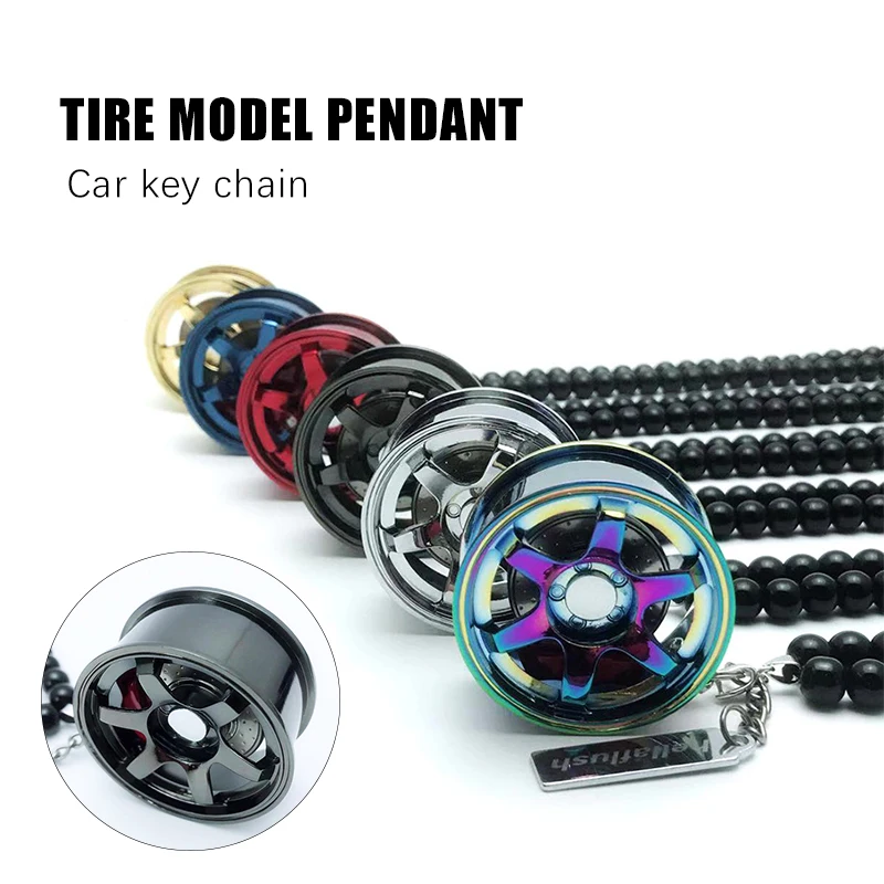 

Car Styling Car Rearview Mirror Pendants Ornaments Aluminum Alloy Wheel Hub Rubber Tire Interior Hanging Key Chain For Rearview