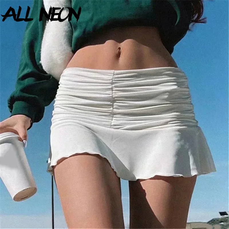 

ALLNeon 2000s Vintage Basic Ruched Patchwork Micro Skirts Y2K Aesthetics Cute Low Waist Ruffles Pleated Skirt Sexy Bottoms Solid