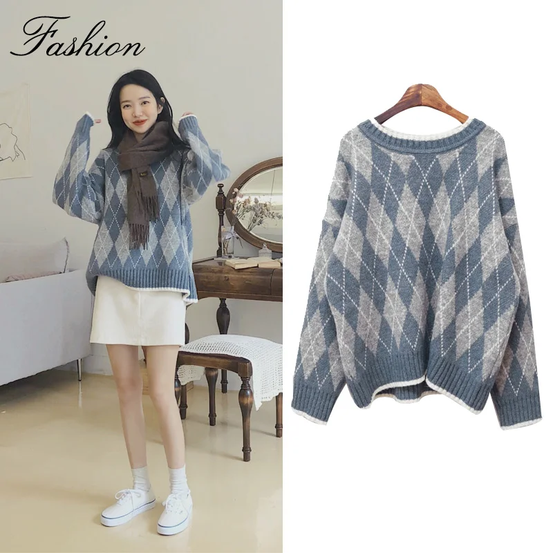 Женский свитер осень-зима 2019 Модный повседневный свободный в клетку с круглым