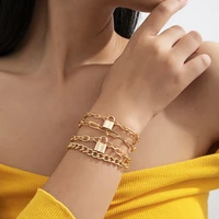 multilayer gold color metal lock pendant bracelet women vintage couple charm chain bracelets girls fashion jewelry gifts