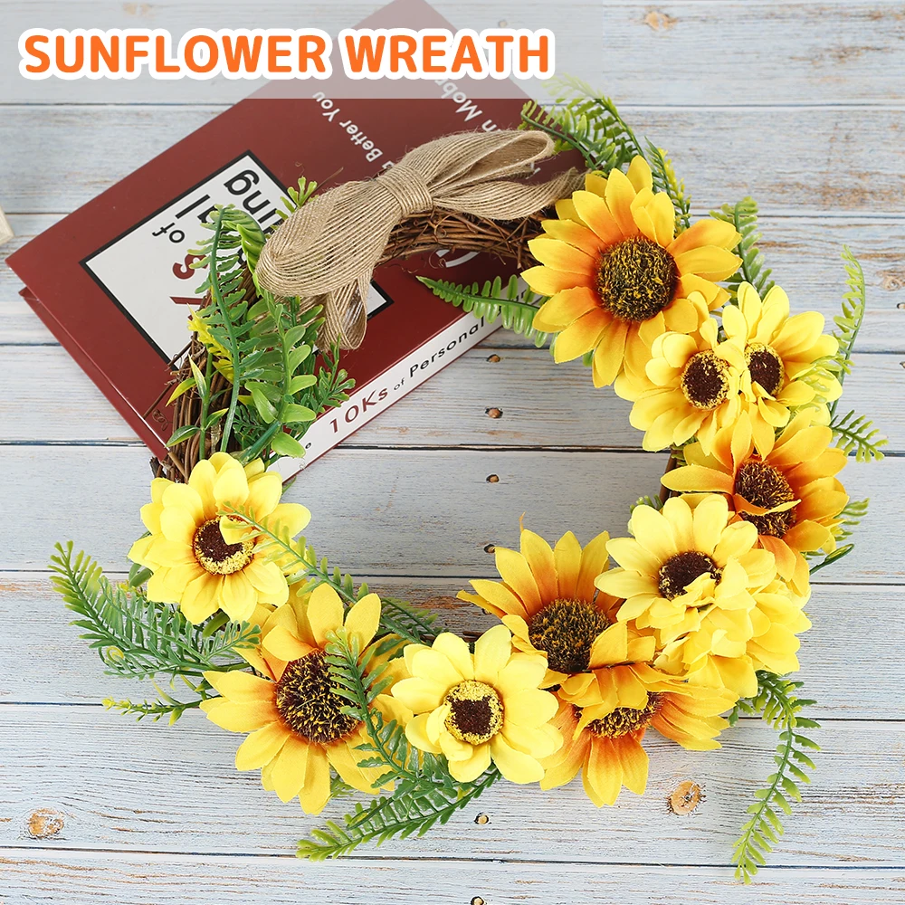 

12 inch Wall Hanging Wreath Front Door Fake sunflower with Green Leaves and Rattan for Home Window Wall Wedding Party Decoration