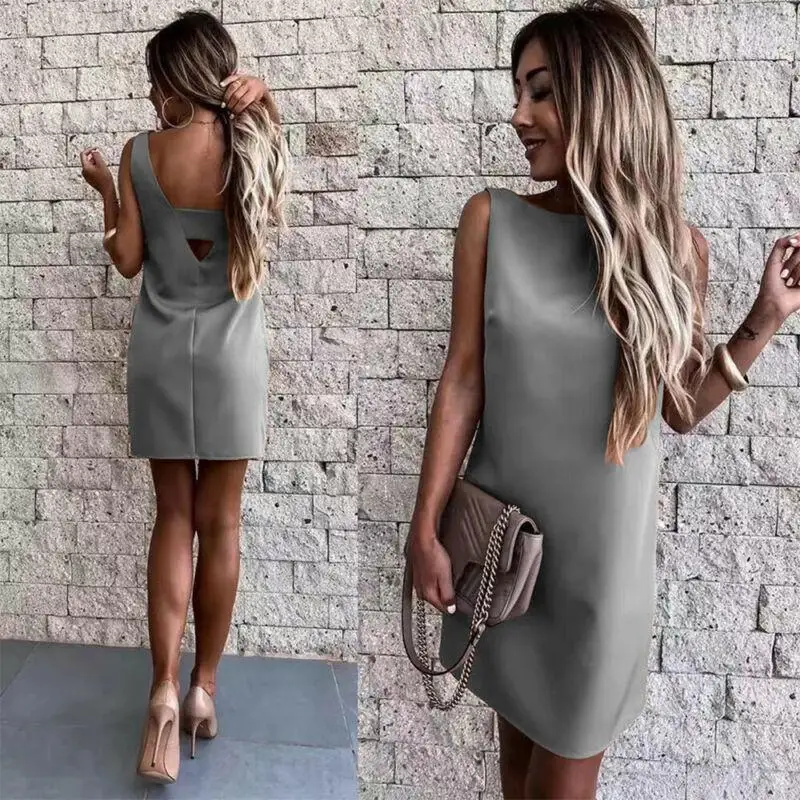 

Sexy Backless Dress Elegant Women Solid Color Sleeveless Vestidos for Office Work Party