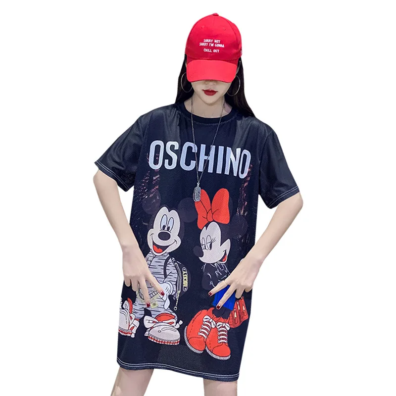 

Disney plus size T-shirt women summer Mickey Mouse print short-sleeved shirt quick-drying clothes long ice silk bottoming shirt
