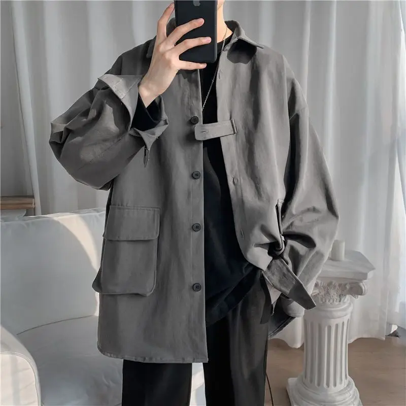 

jacket man Spring-summer cargo solid Korean high street male loose coats all-match clothes handsome casual functional tooling