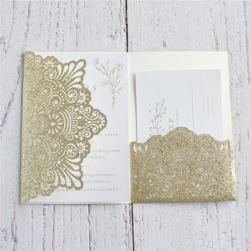 Glitter laser cut wedding invitations tri-fold pocket invitation 50pcs gold silver rose custom printing invite RSVP | Дом и сад