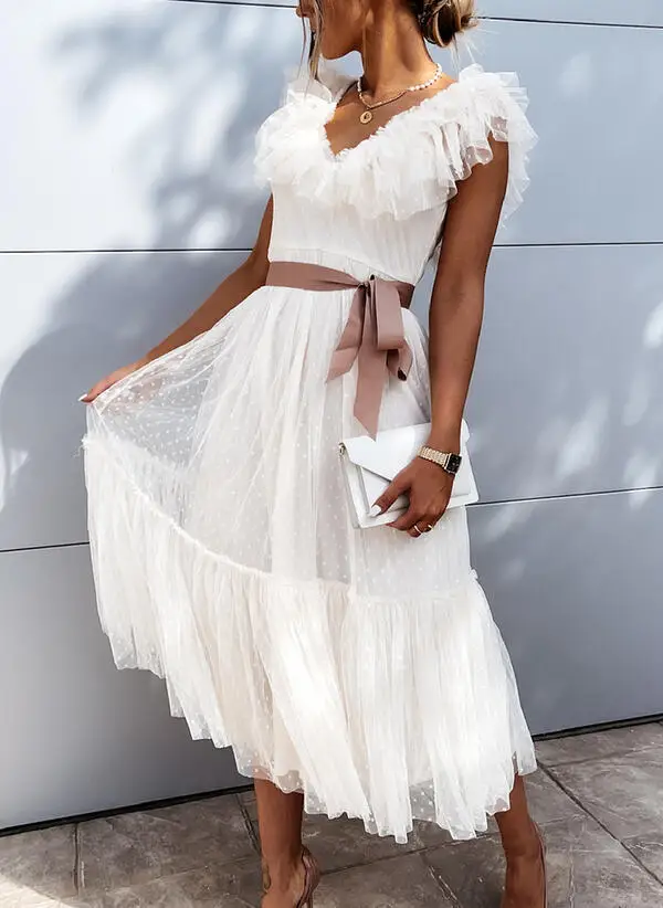 

Шикарное белое платье в стиле бохо хиппи, элегантное платье-трапеция с рукавом-бабочкой, v-образным вырезом и оборками на подоле, длинное женское платье