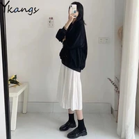 plus size women sets autumn basic black white tracksuit long sleeve pullover sweatshirt and pleated skirt casual daily 2pcs suit