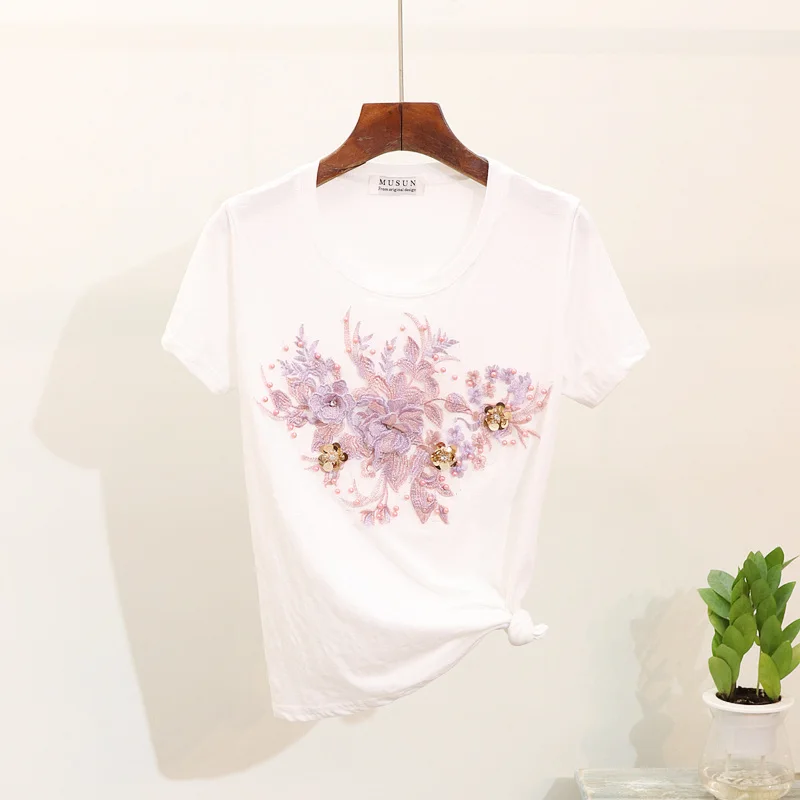 Summer Flare Jeans Suit Women 2019 New Embroidered Stereo Flower Pull T-shirt + Holed Jeansv Denim Trousers Two-piece Lady | Женская