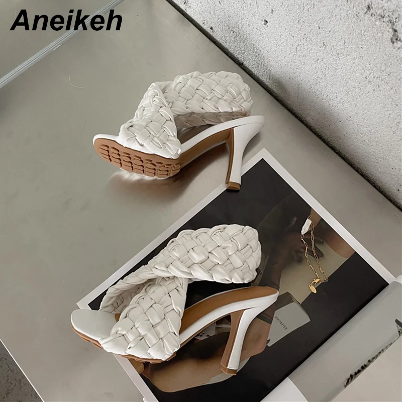 

Aneikeh 2021 NEW Summer Women Shoes Thin Heel Open Party PU Rome Sandals Lady Peep Toe Fashion Sweet Checkered Slip-On Classics