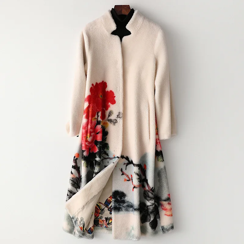 

Coats Vintage Floral Printed Real Jacket Women Winter Bohemian Medium Length Fox Fur Sheep Wool Overcoats Thick Warm Parkas