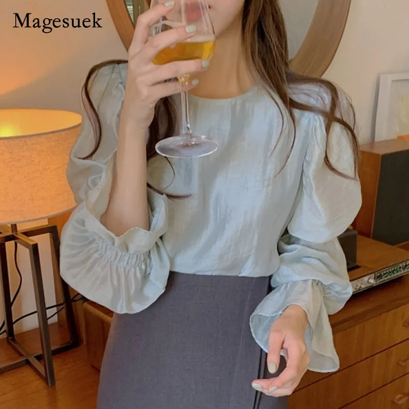 

Fashion Chic Puff Long Sleeve Blouse Spring New 2021 Design Women Shirt Vintage Gentle Hong Kong Style O Neck Femme Blusas 13549