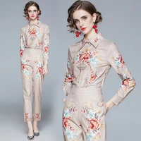 elegant print female suit shirt pocket straight pant suit two piece set women long sleeve flower print blouse top trouser suit