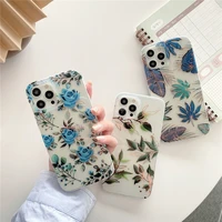 stylish electroplating blue floral leaf phone case for iphone 13 12 11 pro xs max xr x 7 8 plus se 20 imd transparent back cover