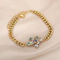 colorful zircon cactus pendant bracelets for women retro stainless steel charm plant blacelet cuban link chain jewelry gift