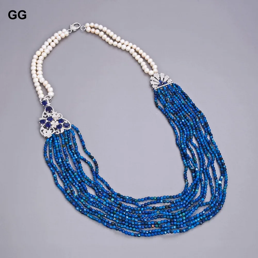 GG ювелирные изделия 31 &quotбелый жемчуг синий агат ожерелье CZ кулон|blue necklace|cz pendantpearl