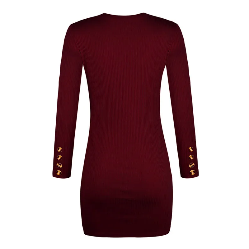 

Sexy Women Clothing Bodycon Long-Sleeved Dress Button Solid Color Pullover Sexy Dress Autumn And Winter Fashion Women's