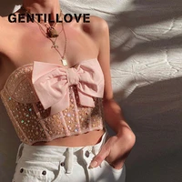gentilove women elegant mesh sequins tie bow strapless club party skinny tanks tops sexy white black lace cropped tops 2021