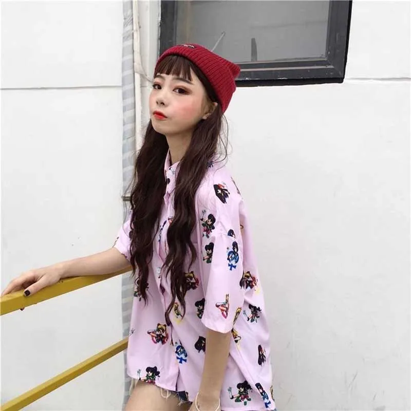 NiceMix летняя Harajuku блуза с коротким рукавом женская с принтом Сейлор Мун кавайные Топы повседневные рубашки размера плюс женские блузы