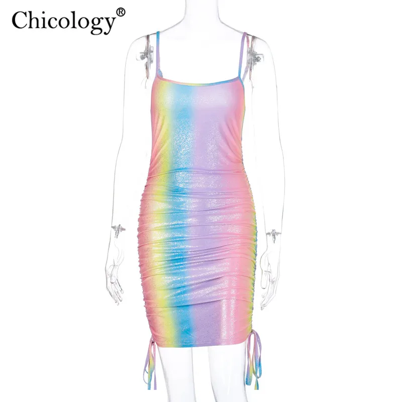 Chicology shinning rainbow bangdage fashion mini dress sleeveless spaghetti strap women 2020 summer outfits sexy bodycon clothes | Женская