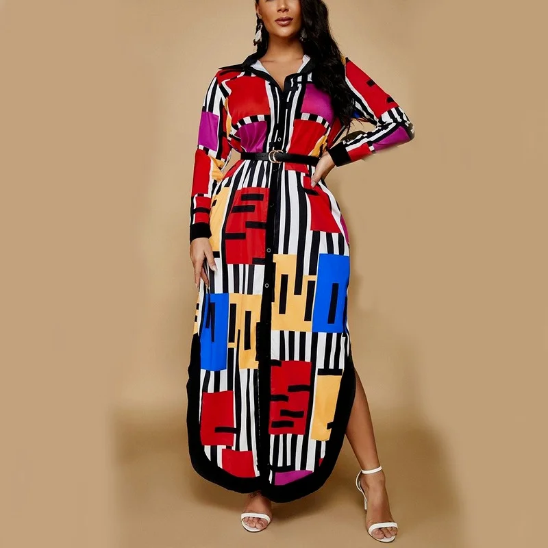 

2021 Ladies Geometric Print Dress High Waist and Ankle Loose Fashion Waist Long Sleeve Stitching Plus Size Shirt Dress New