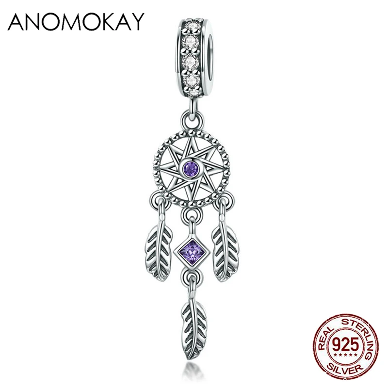 

100% 925 Sterling Silver Dream Catcher Charm Pendant fit Bracelet & Necklace Shinny White & Purple CZ Bead Pendant Jewelry Gift