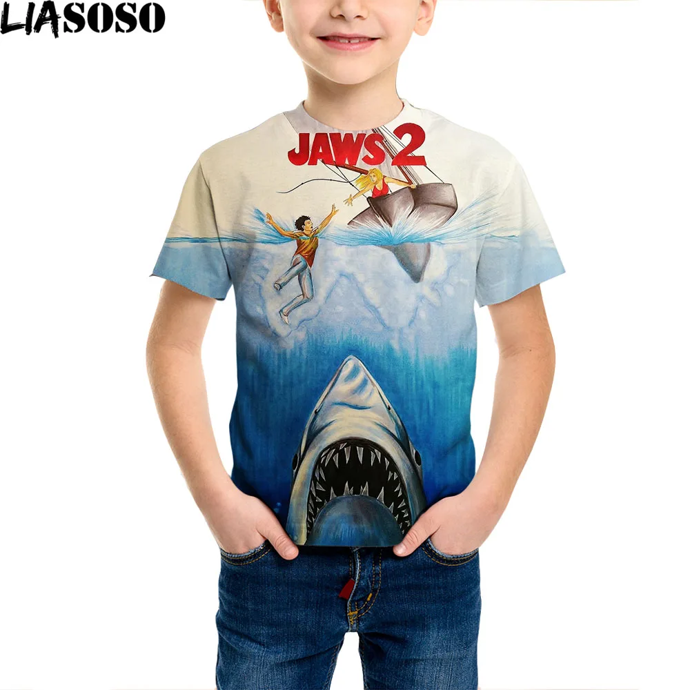 

LIASOSO 2021 Boys/Girls Tees Shirts Vintage Daily Short Sleeve Jaws Shark Print T Shirt Summer Funny Kids Children T-shirts