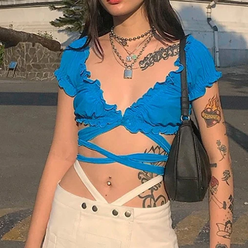 Женская футболка с перекрестными ремешками синие топы оборками и принтом