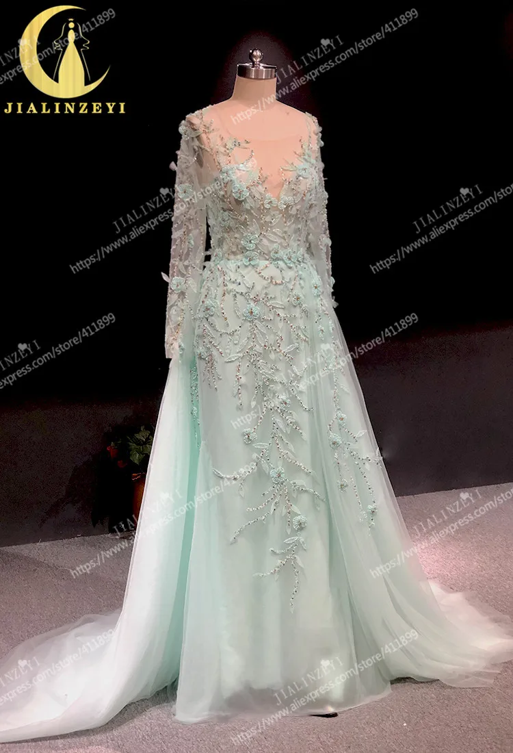 Rhine real Pictures light Green Long SLeeves Beads with gold beads arabic formal dress evening dresses long