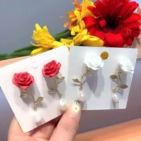 baroque pearl rose flower earrings for women etrendy new jewelry creative white red pendientes wholesale gifts