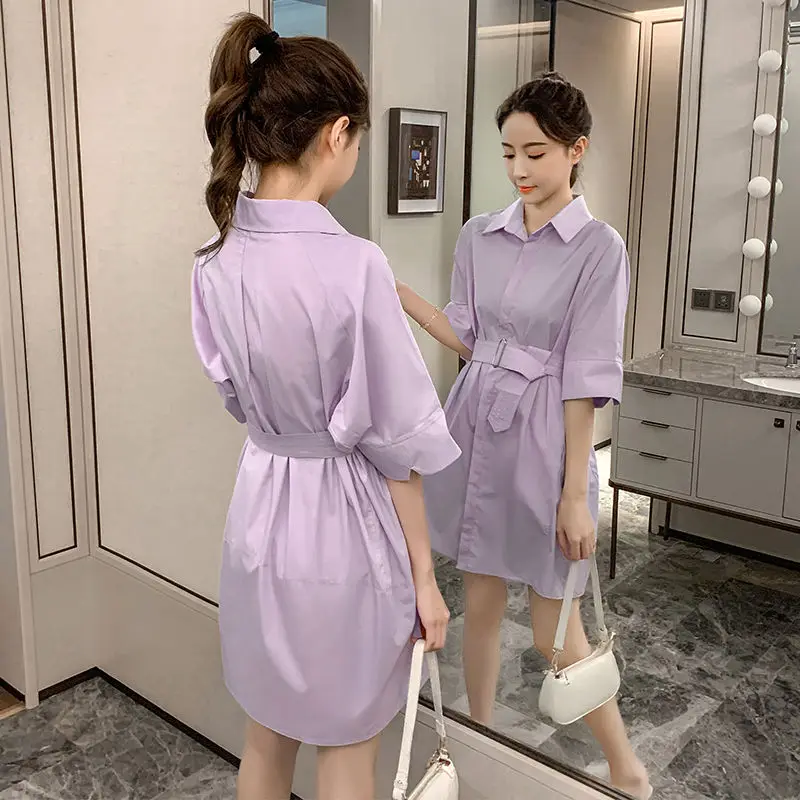 

2020 New Young Women's Shirt-dress Short Sleeves Fashionable Girl's Leisure Mid-length Tops Slim and Thin, A400