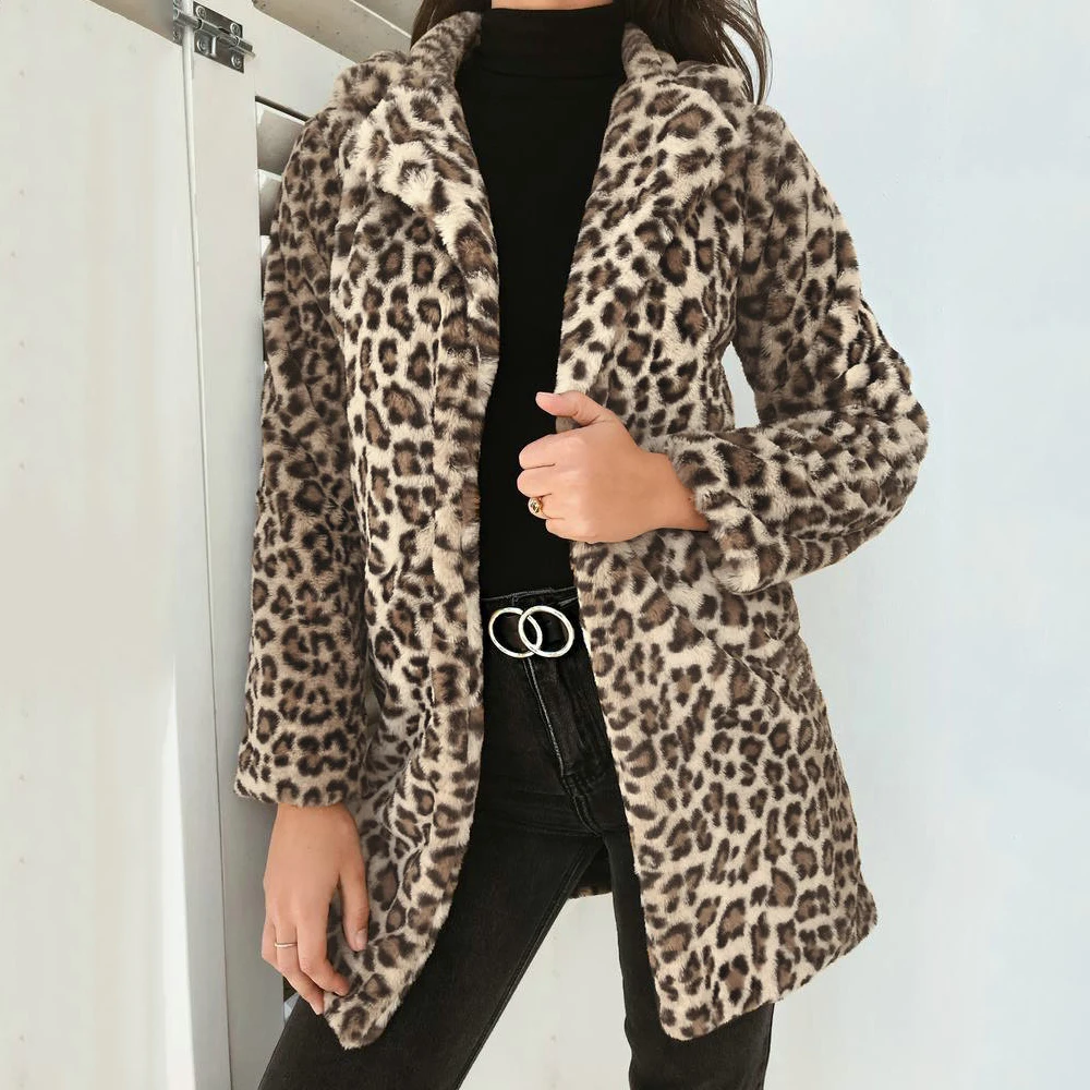 Леопардовый плюшевый толстый кардиган зимнее пальто отложной воротник куртки с