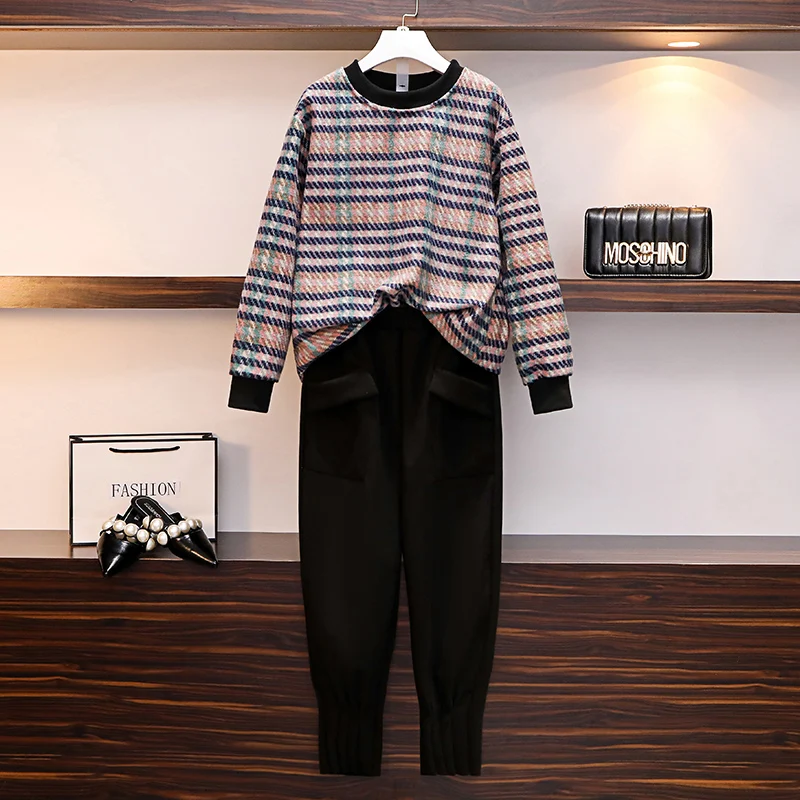 Large Plus Size sport suit Winter Women Knitted 2 Piece Set Sportwear Pullover Sweater+Pocket Pant Suit Outfit Warm tracksuit | Женская