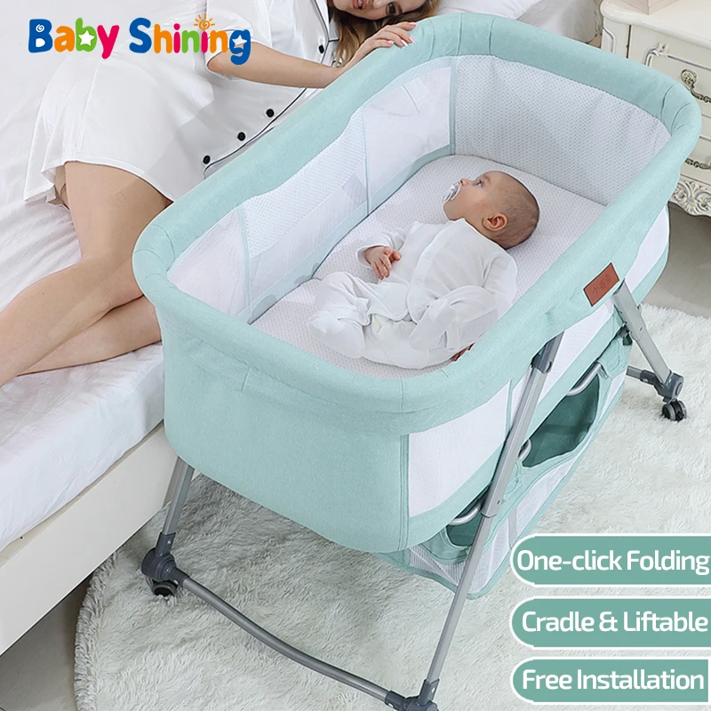 

Baby Shining Cradle Crib Newborn Bed Match With Large Bed Baby Shaker Bassinet Multi-Function Mobile Foldable With Mosquito Net