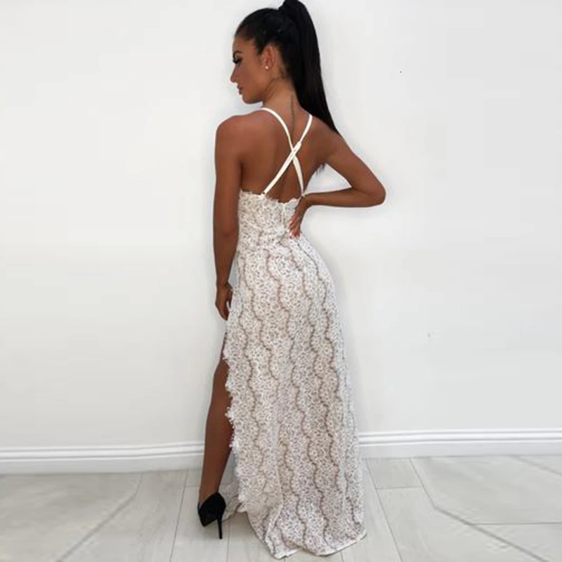 Женское кружевное платье с разрезом повседневное осеннее макси глубоким v