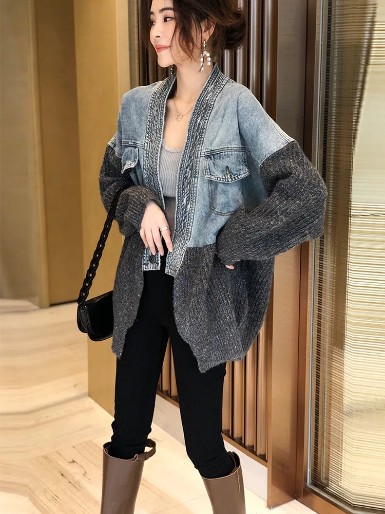 

New 2021 Oversized Patchwork Fall Winter Denim Sweater Coat Women's Streetwear Knitted Cardigan Jacket Female Dropshipping