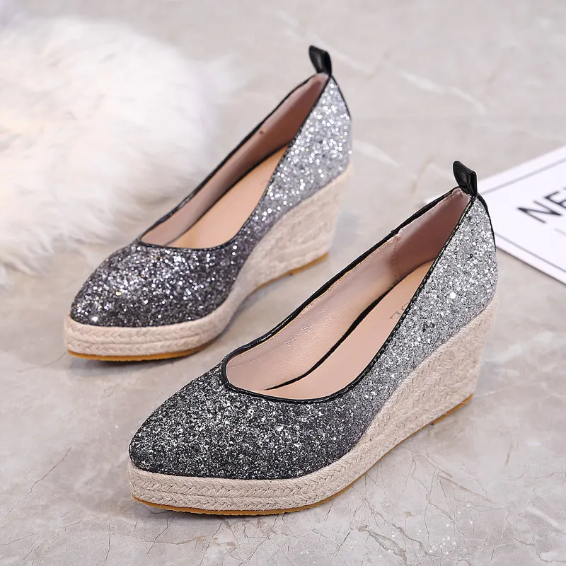 

High Heel Wedge Women Shoes Slope Heel Shoes Shallow Mouth Banquet 2021 New Sequined Platform Elegant High Heels Female Wedge