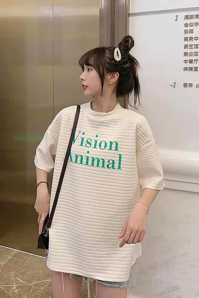 

Houthion New Fashion Temperament Leisure Summer Loose Round Neck Short Sleeve Women's T-shirt White Letter Square Top