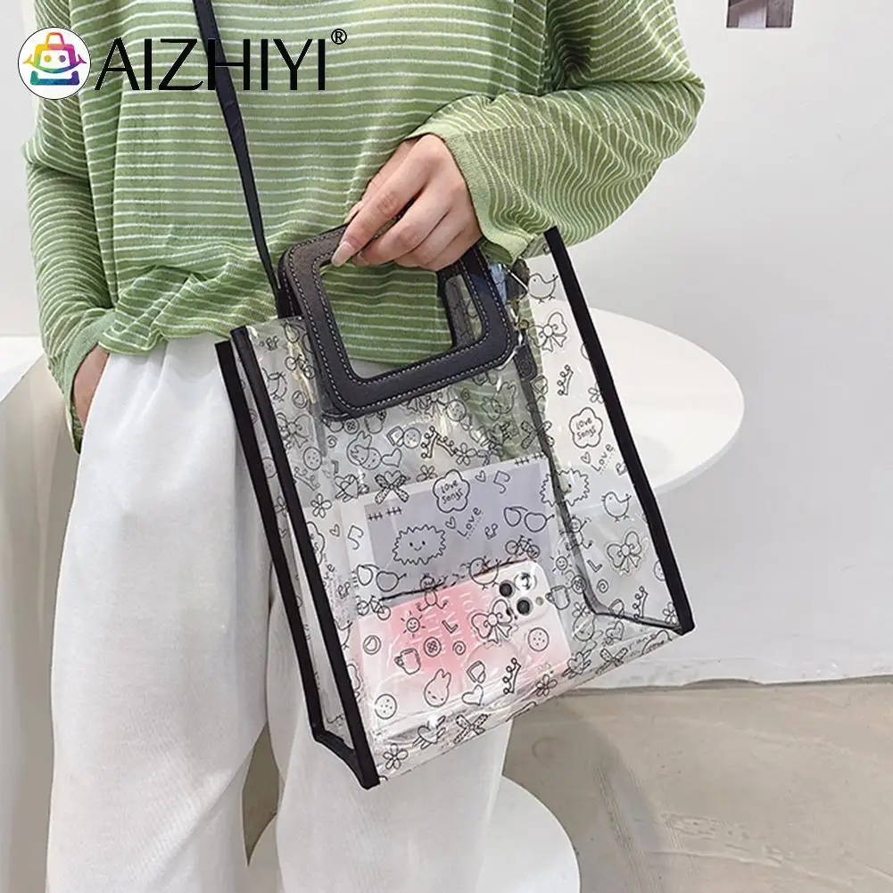 

Vintage Clear Cartoon Printing Bag Shoulder Messenger Women Tote Shoulder Bags Casual PVC Women Top-Handle Handbags